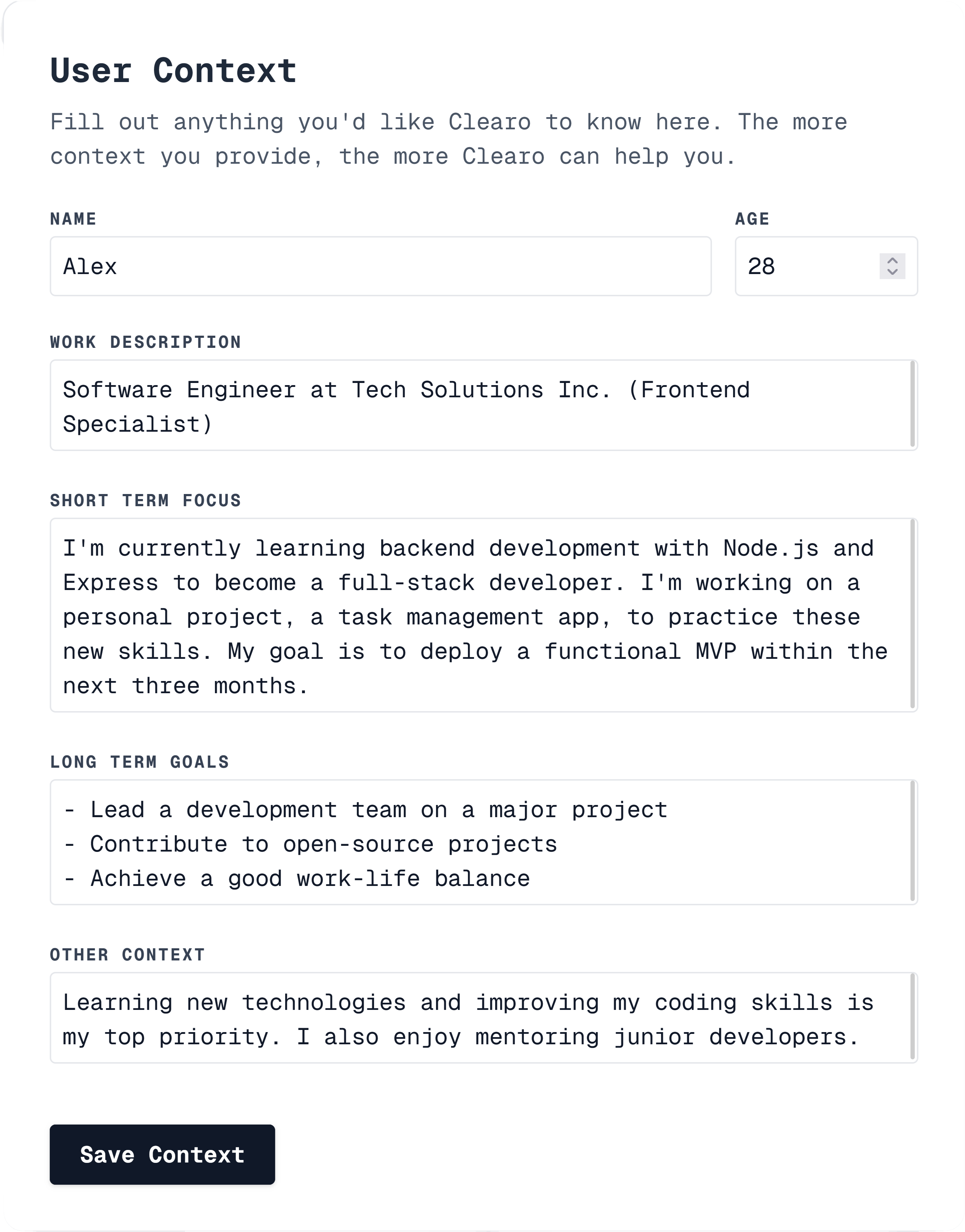 Clearo user context page screenshot
